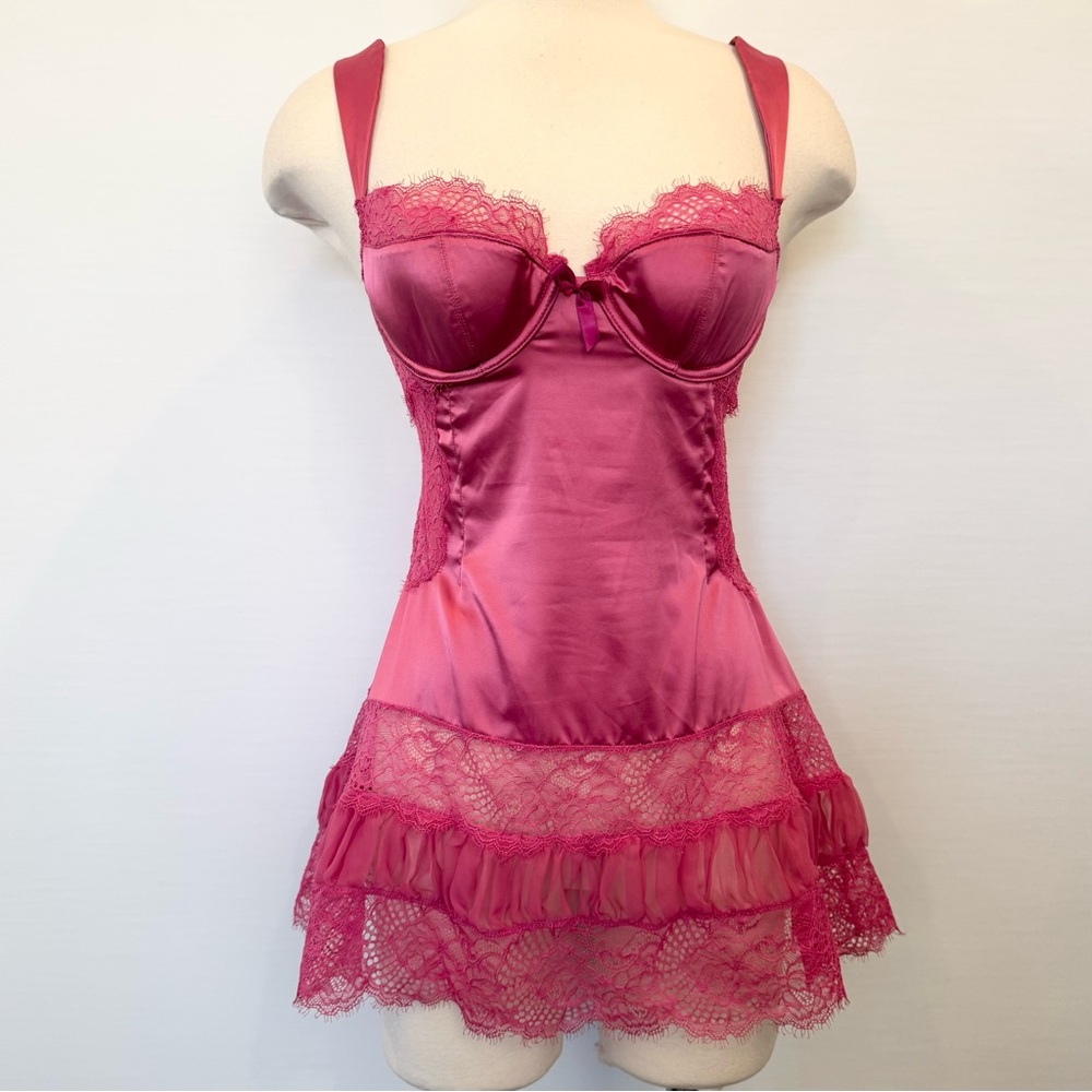 Y2K Victoria’s Secret Silky Satin Pink Babydoll Lace chiffon Slip Dress 34C M